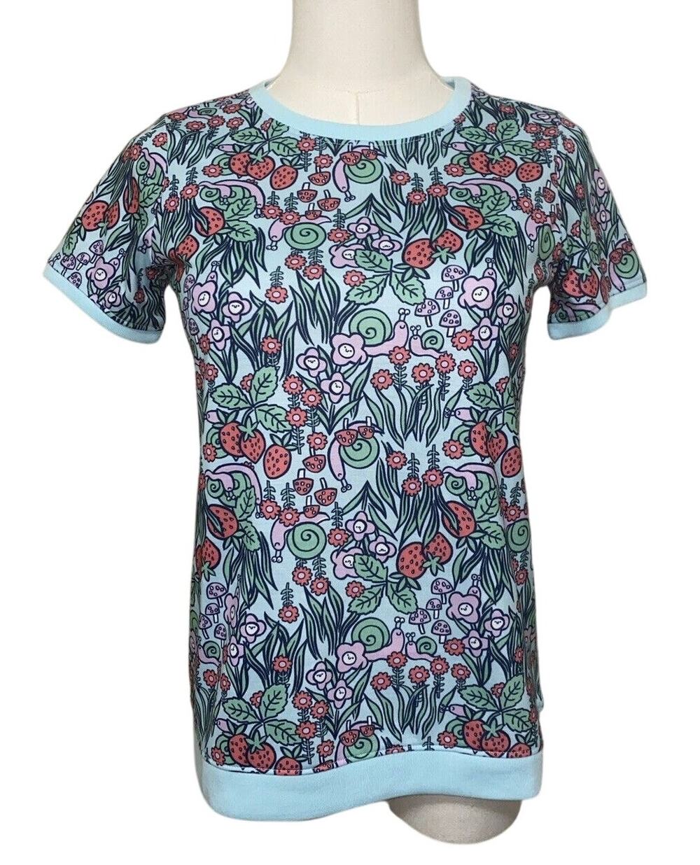 Lands' End Girls 14 Graphic T Shirt Snails Strawberries Floral Blue